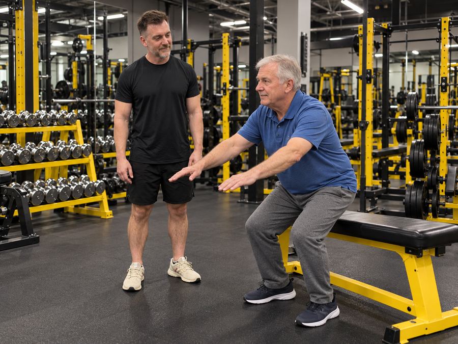 Nick coaching an older client through a bodyweight squat