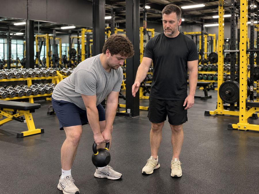 Nick coaching a young athlete through a kettlebell lift